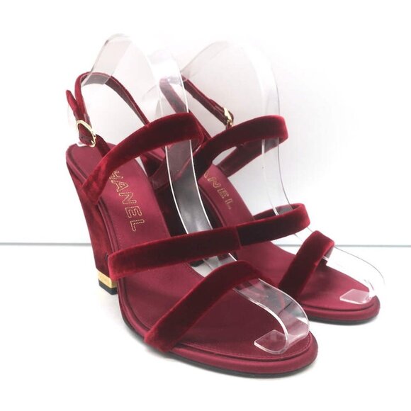 Chanel 17A Chain CC Velvet Wedge Sandals Burgundy Size 39 Slingback Heels - Picture 1 of 14